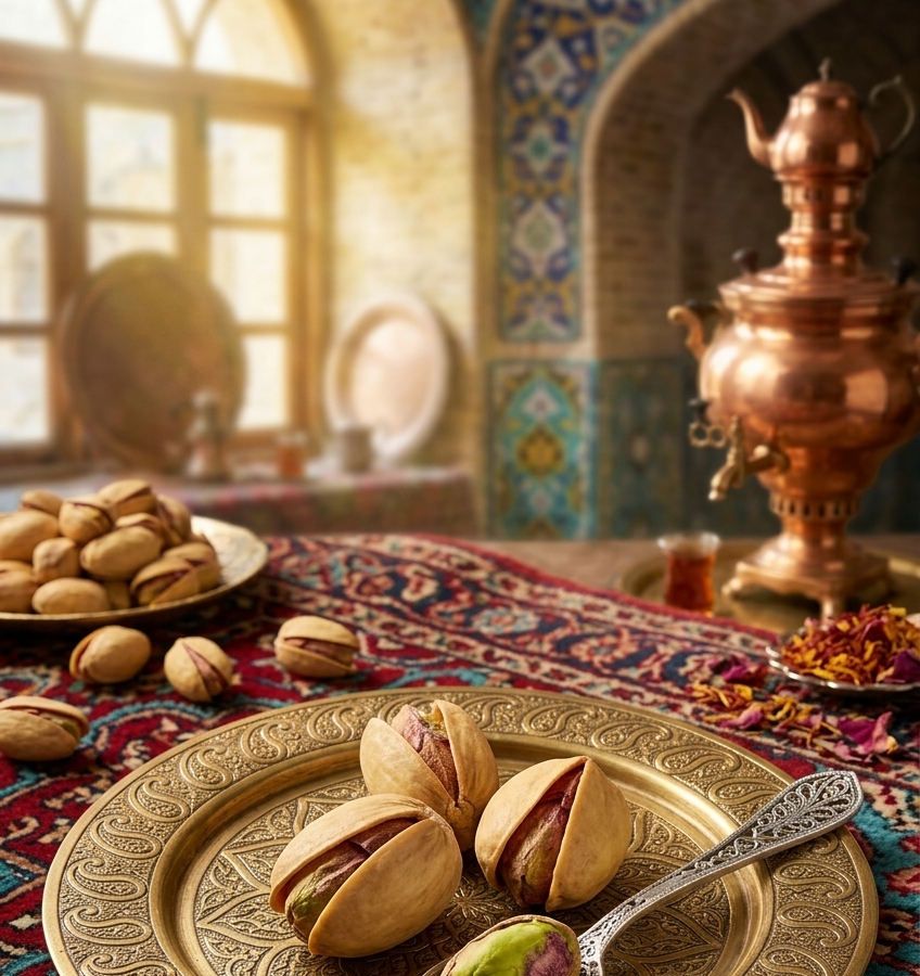 Pista Royal pistachios served on a brass tray in a traditional Persian room