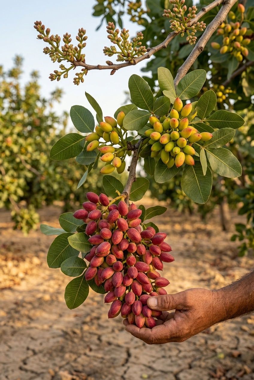 Ripening pistachios on the branch in a sunlit Iranian orchard